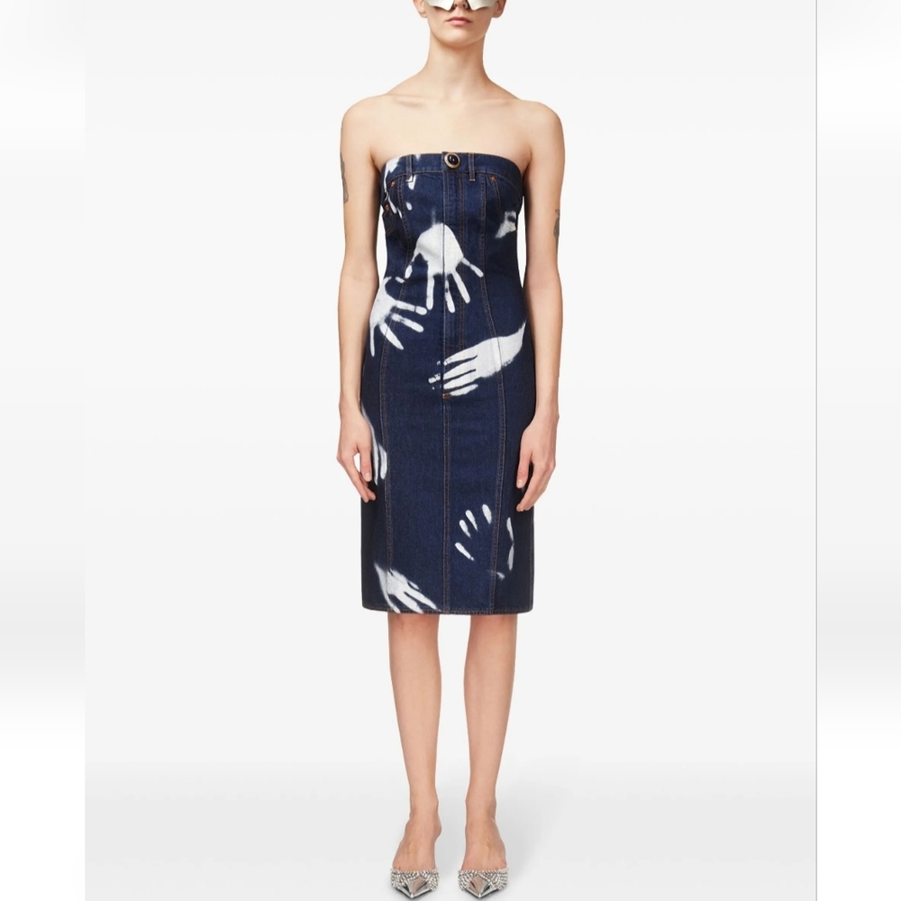 AREA Strapless Denim Dress -Hand Print Indigo Blue - Picture 5 of 10